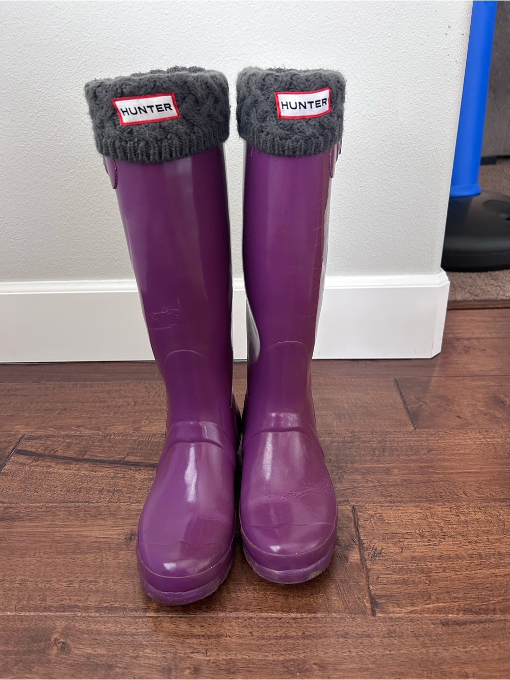 Hunter Purple Tall Gloss Rain Boots with Gray Knit Cuffs